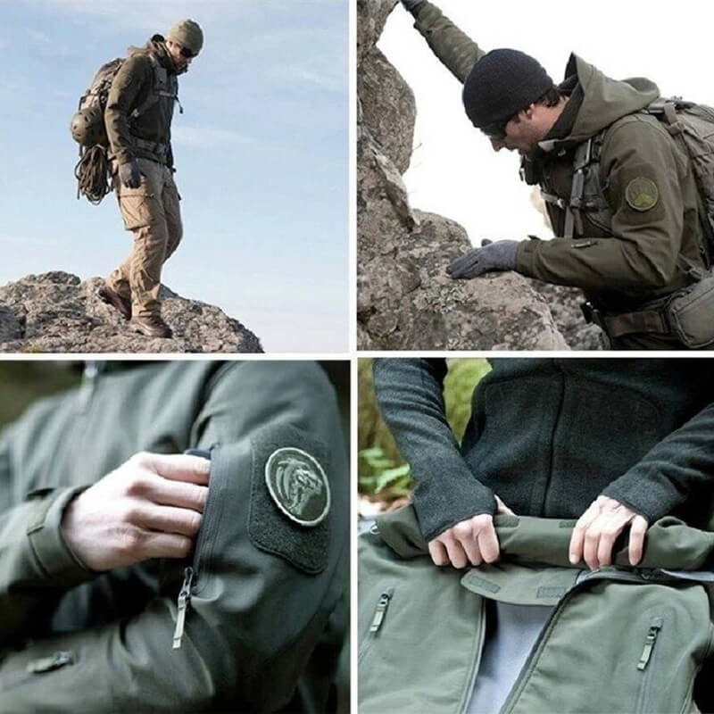 Outdoor scenes showcasing hiking waterproof hooded jacket SF0687 in action, highlighting zipper pockets and durable design.